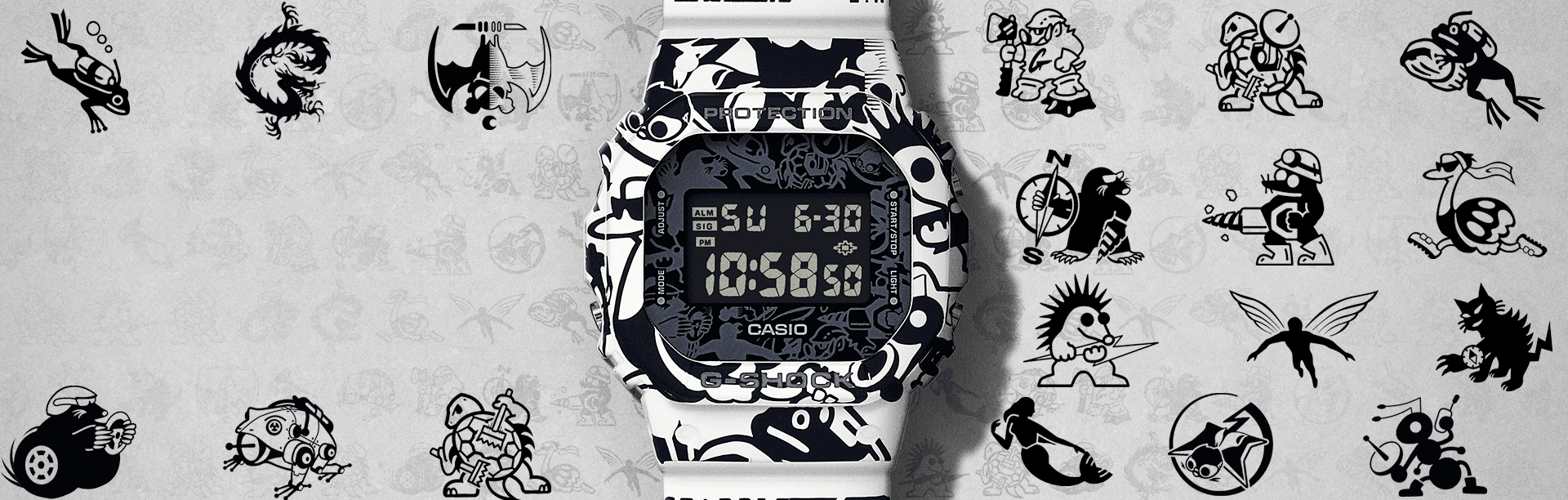 18 animated Master of G characters surrounding DW5600GU-7 watch