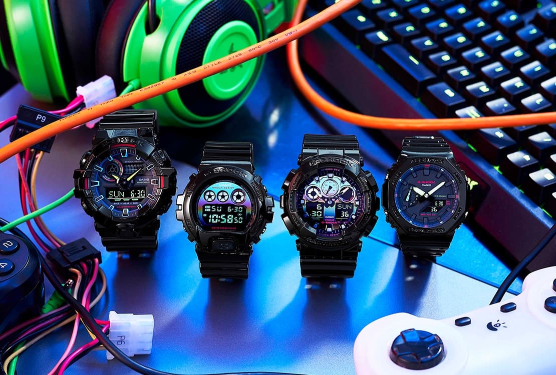 G-SHOCK RGB Gamer watches on a video game computer work station
