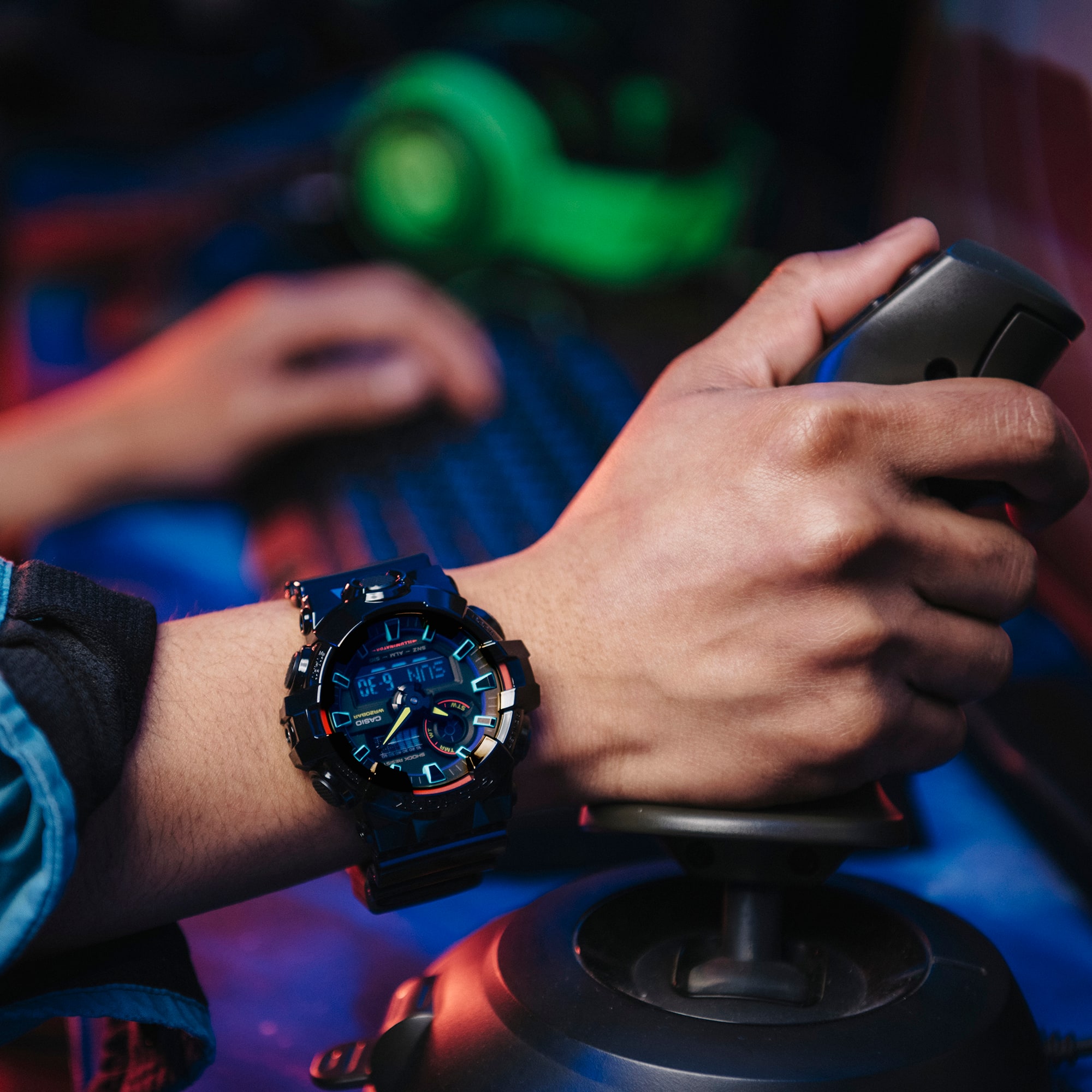 G-SHOCK RGB Gamer watch on a joystick controller gamer's wrist