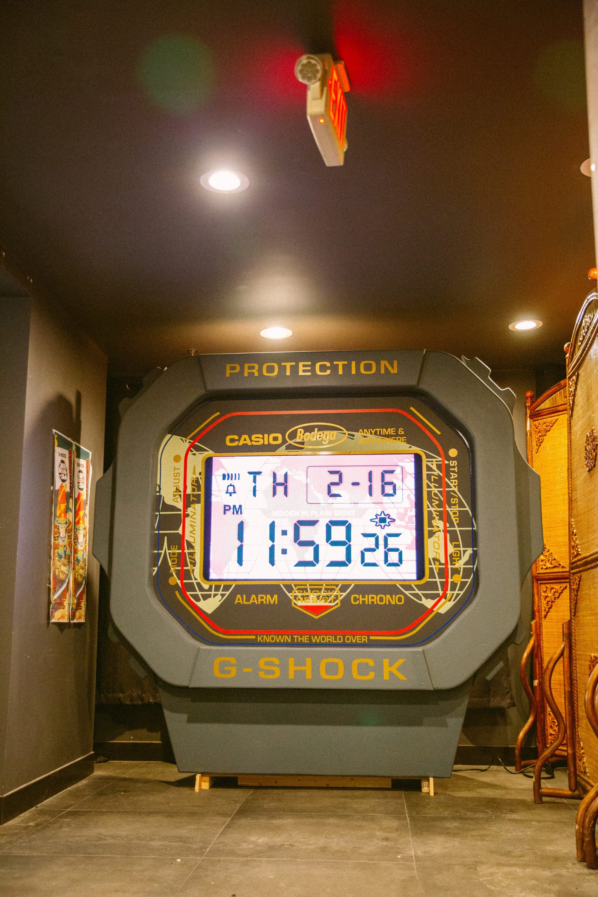 A giant wall-size version of the Bodega x G-SHOCK DW5600BDG23-1 watch