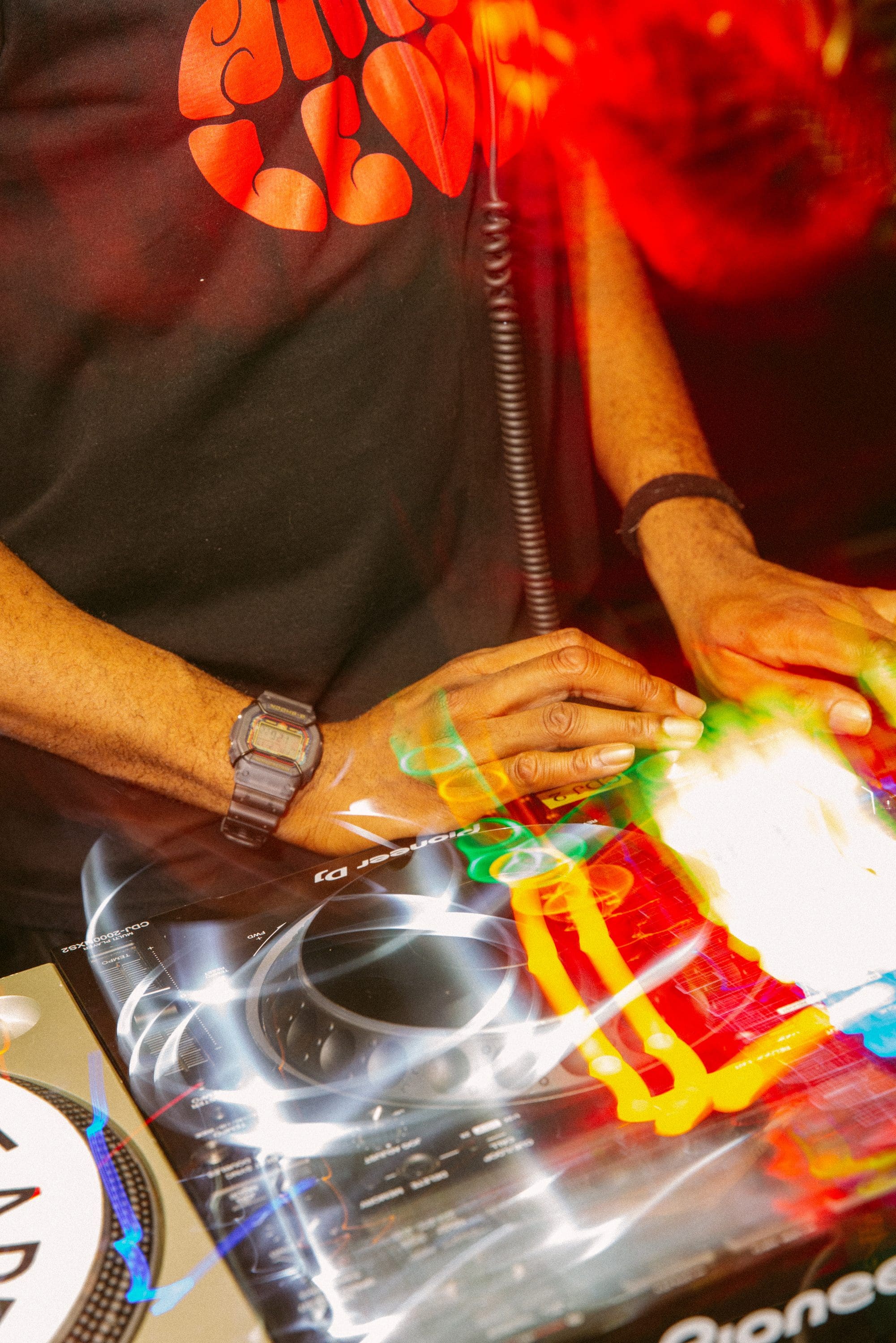 DJ wearing Bodega x G-SHOCK DW5600BDG23-1 while performing at the Bodega x G-SHOCK watch launch party