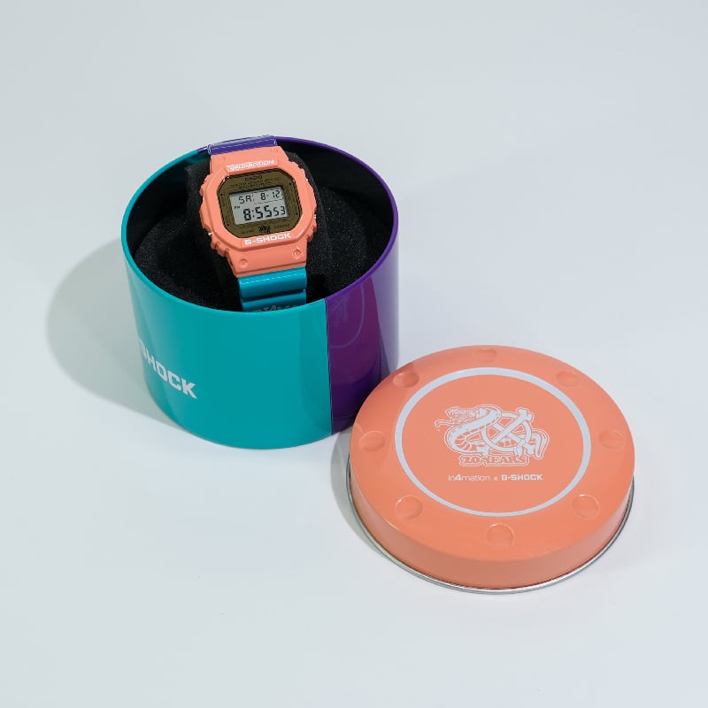 In4mation Information and G-SHOCK Colorful DW5600 digital collaboration watch model in packaging