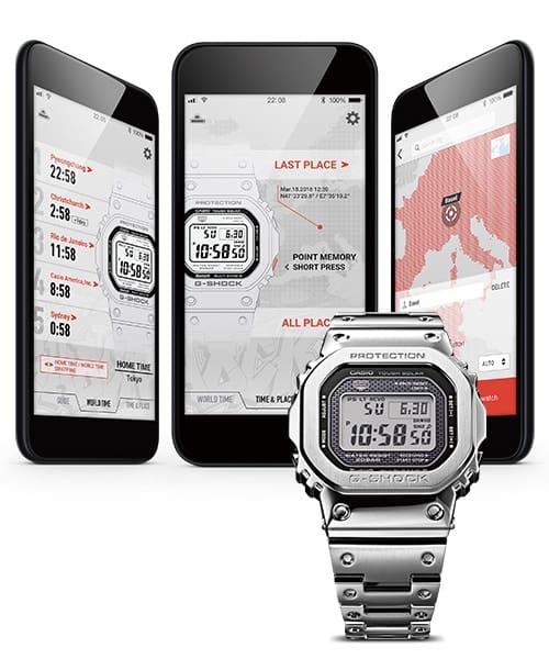 GMWB5000 in with a depiction of G-SHOCK Connected running on a smartphone