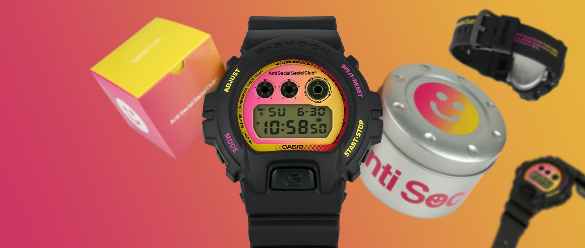 DW6900ASSC23-1 G-SHOCK ANTI SOCIAL SOCIAL CLUB Collaboration watch with with a pink to orange gradient background, also displaying packaging and different angles of the watch