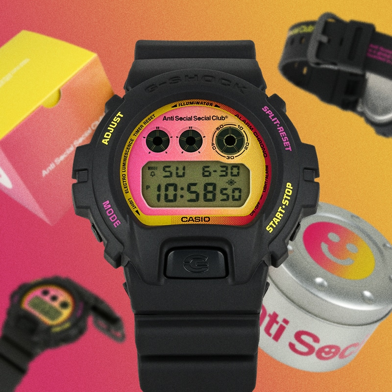DW6900ASSC23-1 G-SHOCK ANTI SOCIAL SOCIAL CLUB Collaboration watch with with a pink to orange gradient background, also displaying packaging and different angles of the watch