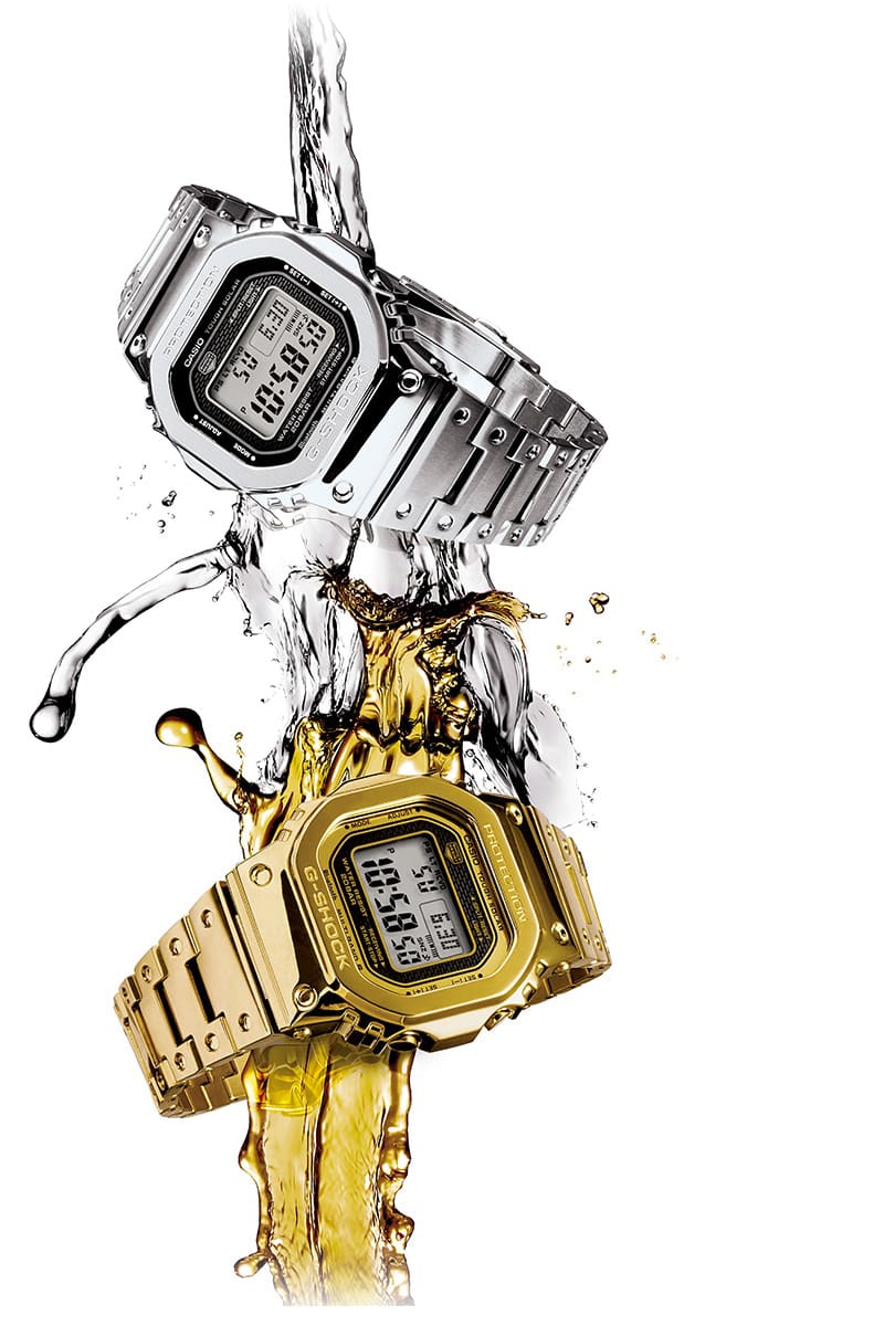 liquid gold and silver pouring over a GMWB5000D-1 silver and GMWB5000TFG-9 gold digital watch