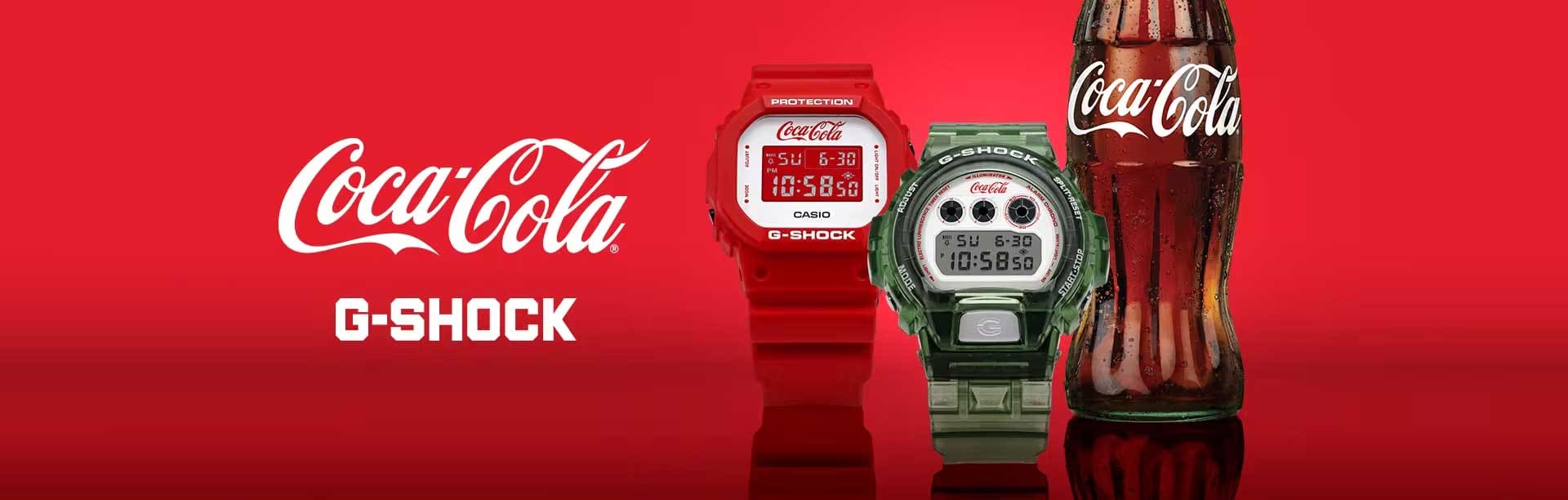 Coca-Cola and G-SHOCK logo with DW5600CC23-4 red digital and DW6900CC23-3 green digital Coca-Cola branded watches