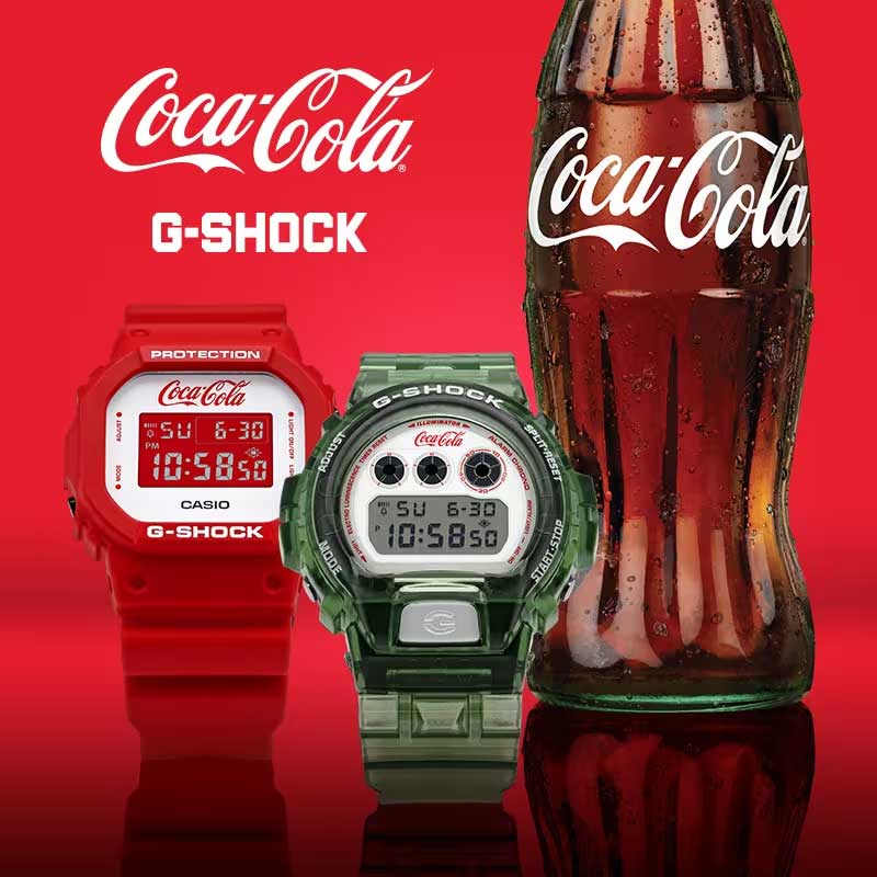 Coca-Cola and G-SHOCK logo with DW5600CC23-4 red digital and DW6900CC23-3 green digital Coca-Cola branded watches
