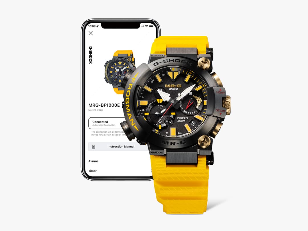 G-SHOCK mrgbf1000e-1a9 watch with yellow band and smart phone