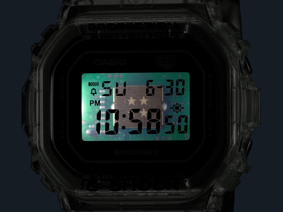 Super illuminator LED light displaying watch face of the DW5640RX-7