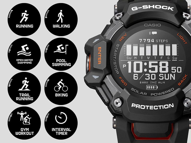 GBDH2000-1A9 digital watch face with illustration of various activity icons 