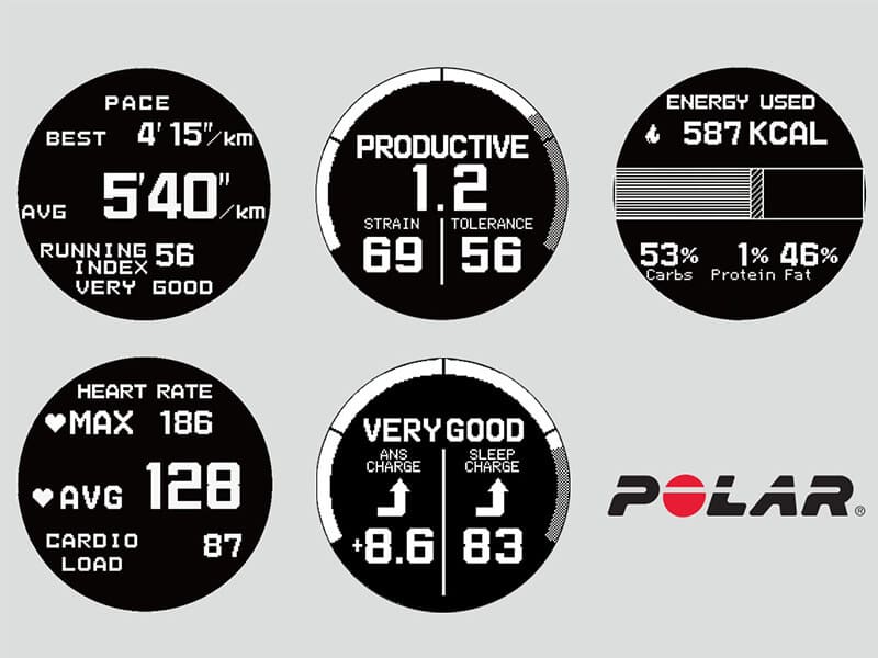 illustration of various GBDH2000 activity metric displays with POLAR® logo