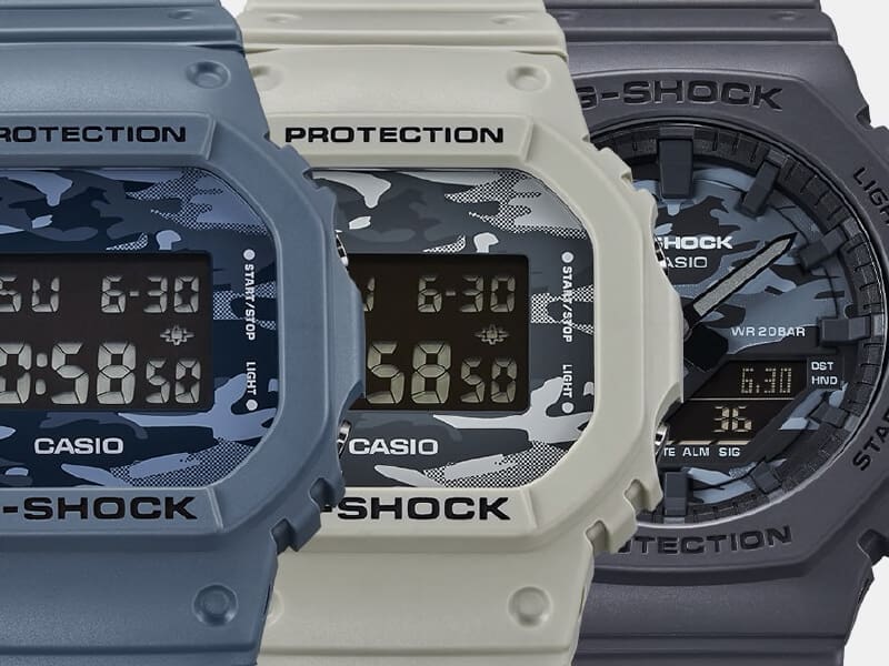three G-SHOCK watches blue, tan and black matte utility watches