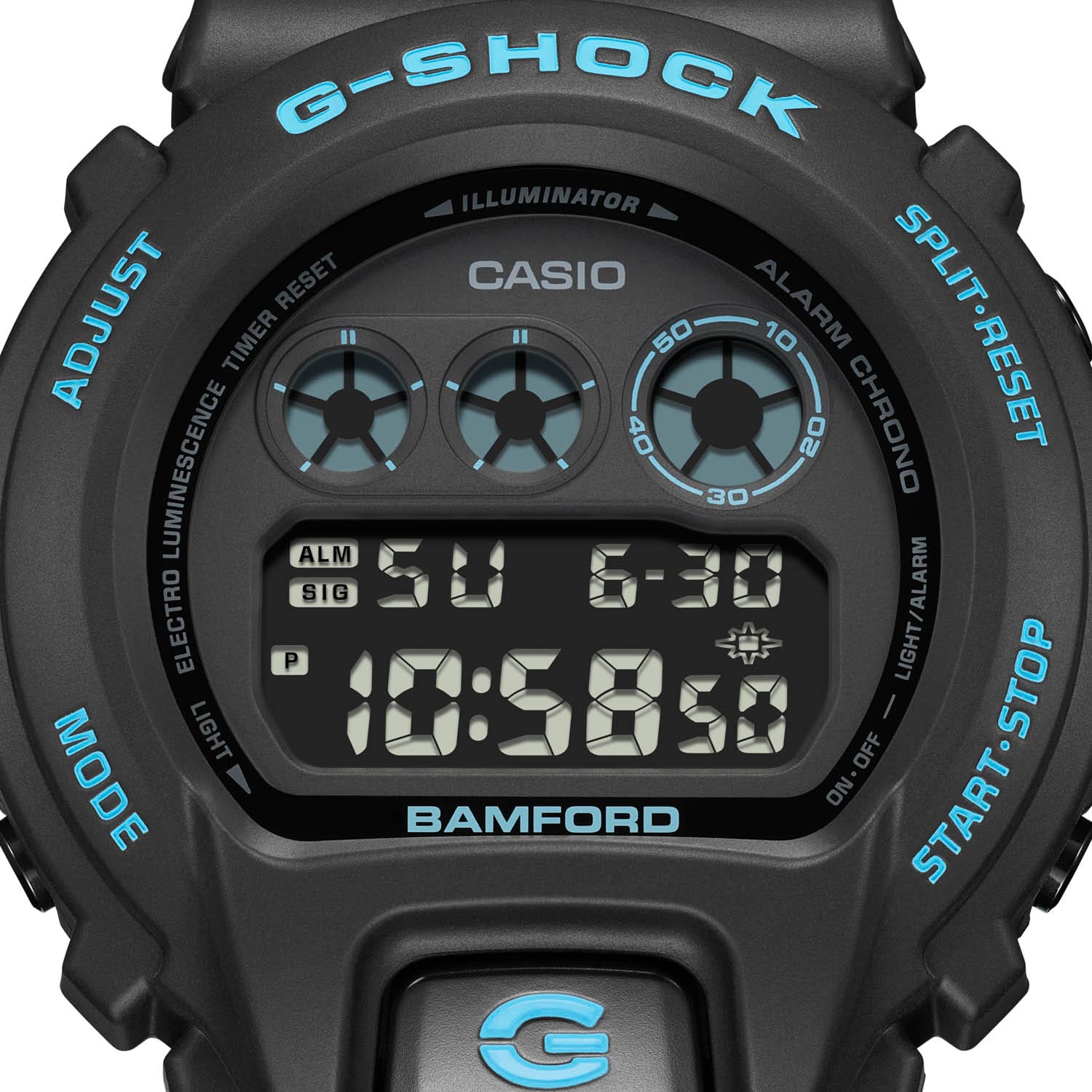 tight shot of the DW6900BWD Bamford x G-SHOCK watch face showing details of the blue accents