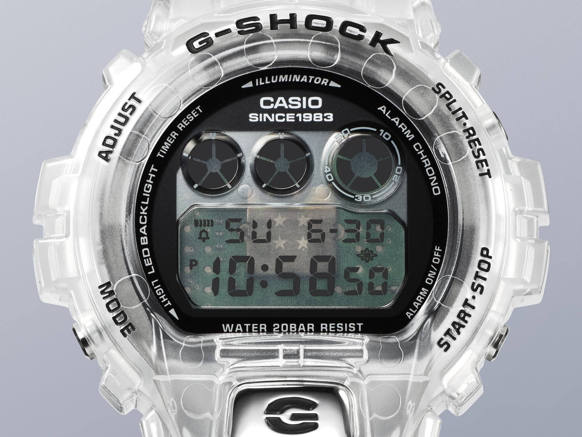 G-SHOCK DW6940RX-7 Digital Clear Remix 40th anniversary model close-up