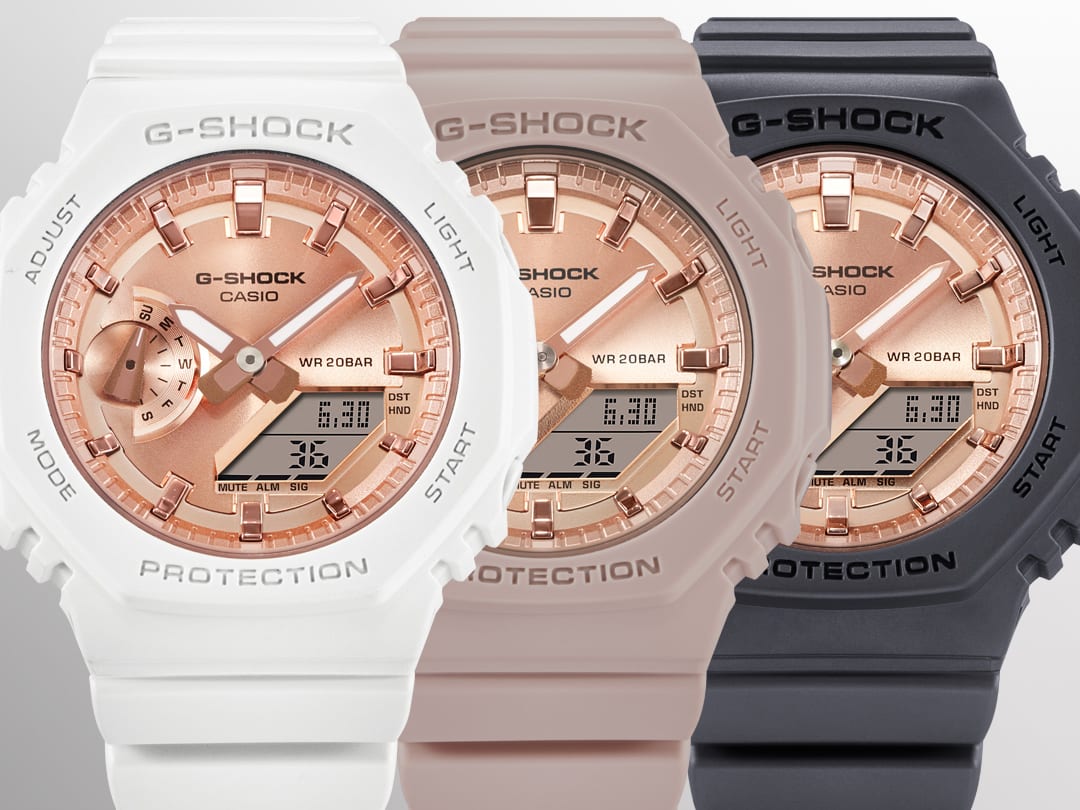 Line up of the G-SHOCK GMAS2100MD Analog Digital watches with pink gold watch face