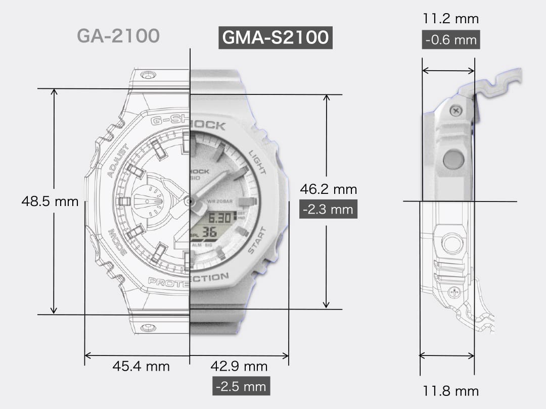 GA-2100 vs GMAS-2100 technical drawing with watch size comparison