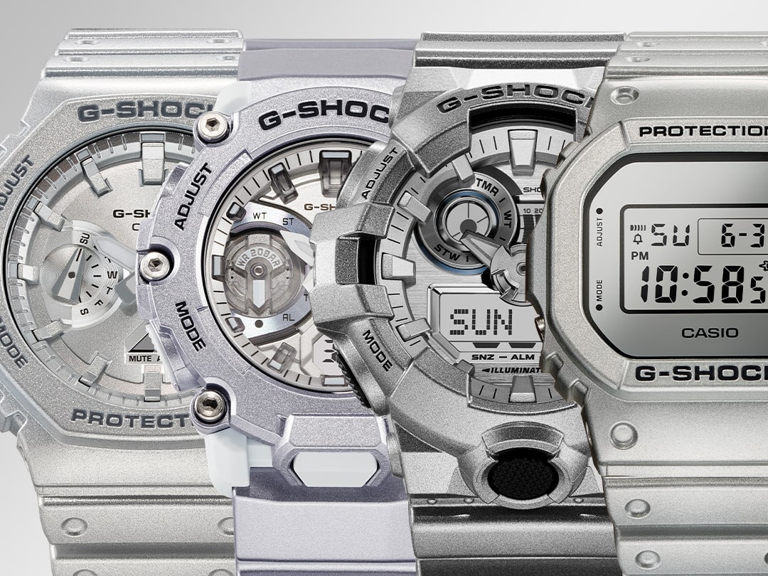 Collection of G-SHOCK Forgotten Future GA-2100FF-8A, GA-2200FF-8A, GA-700FF-8A, and DW-5600FF-8 Silver watches