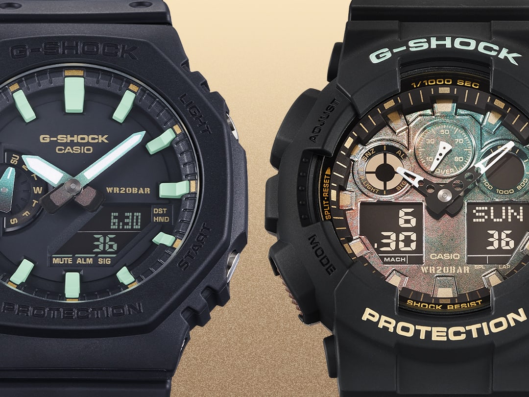 Lineup of G-SHOCK Black and Rust colored watches