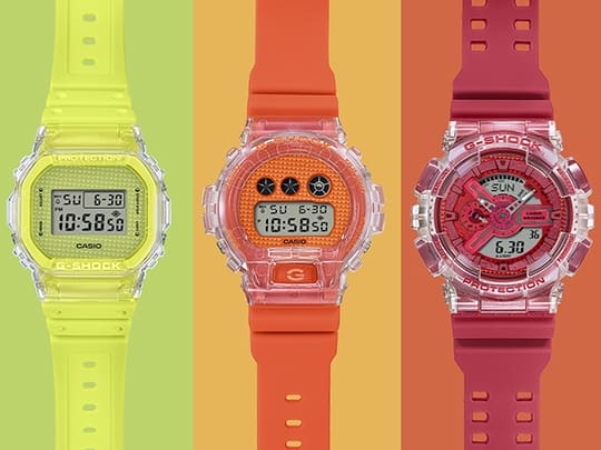 Three colors of the Luck Drop Collection, green digital, orange digital, and red analog digital