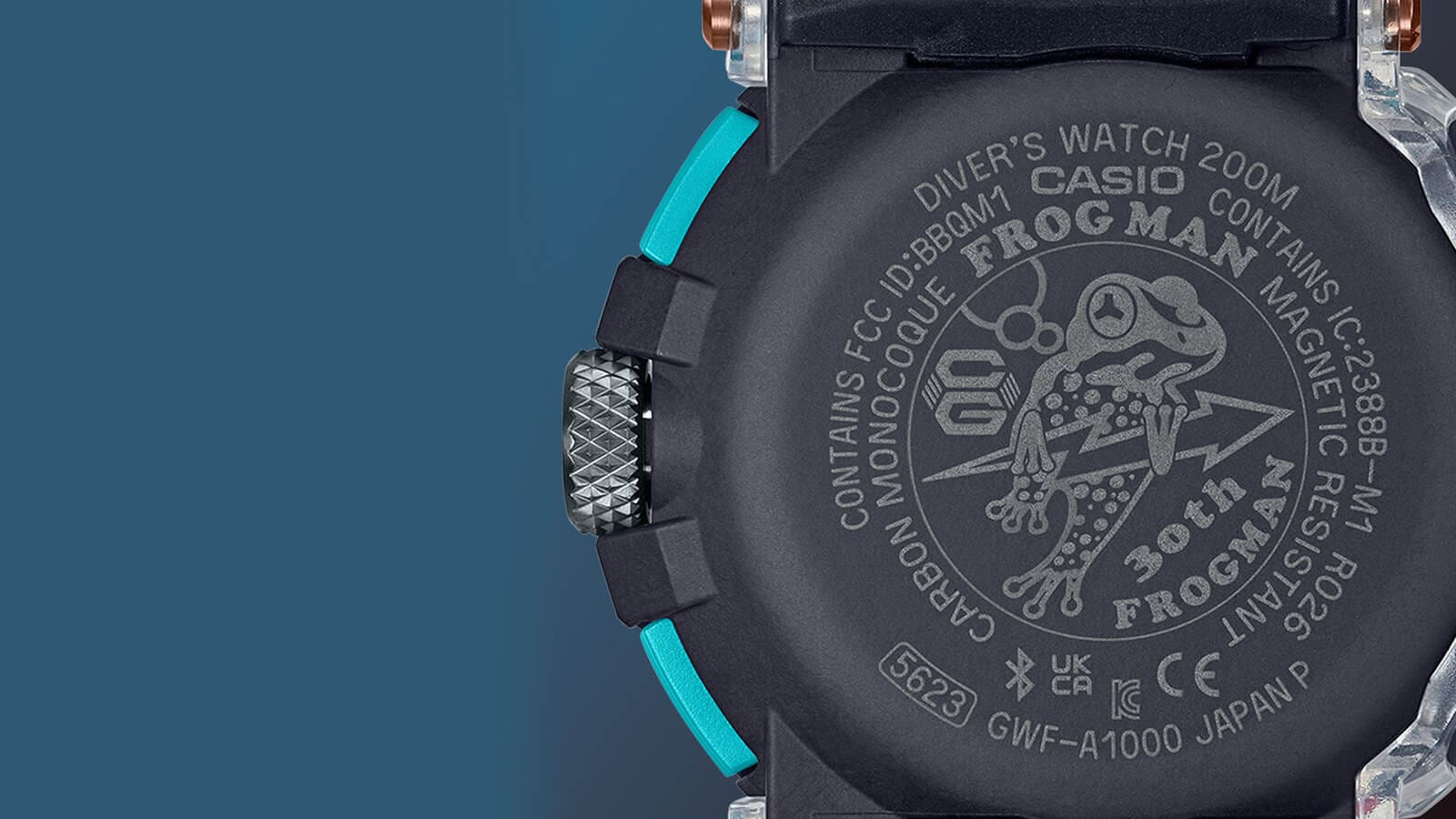 Frogman symbol on the watch back case of the GWFA1000APF G-SHOCK Frogman watch 