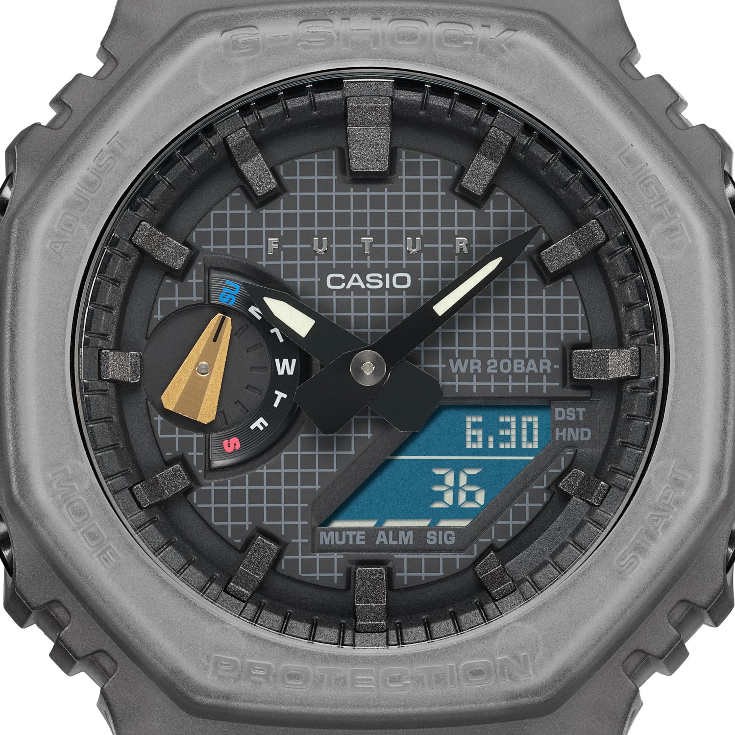 GA-2100FT-8A gray analog digital face with grid, Casio, and FUTUR logo