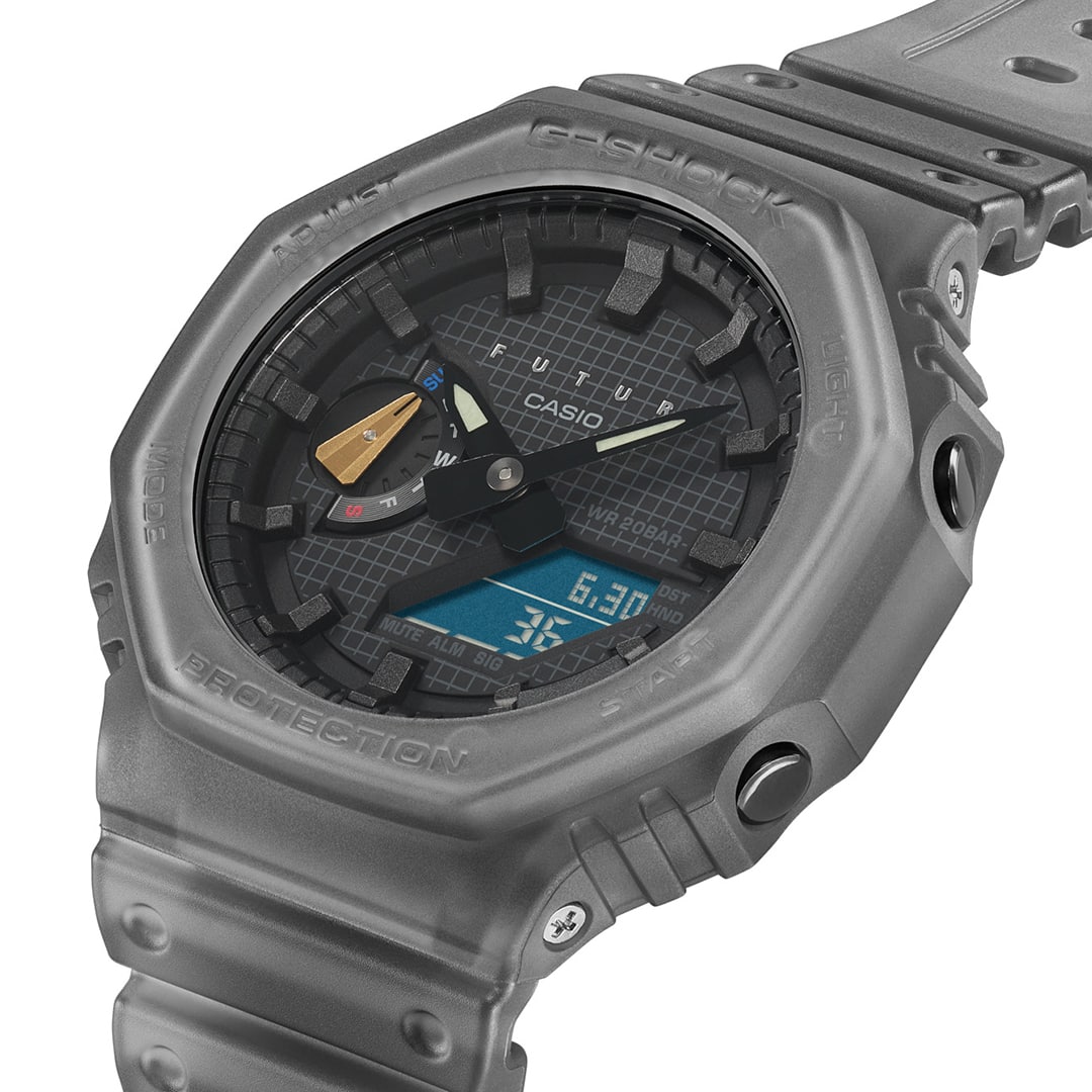GA-2100FT-8A gray analog digital watch on angle with grid, Casio, and FUTUR logo