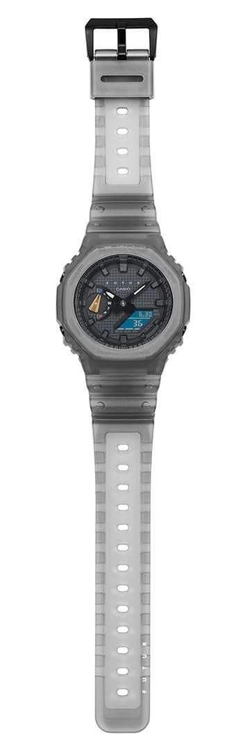 GA-2100FT-8A gray analog digital watch with grid, Casio logo, FUTUR logo, and gray translucent band