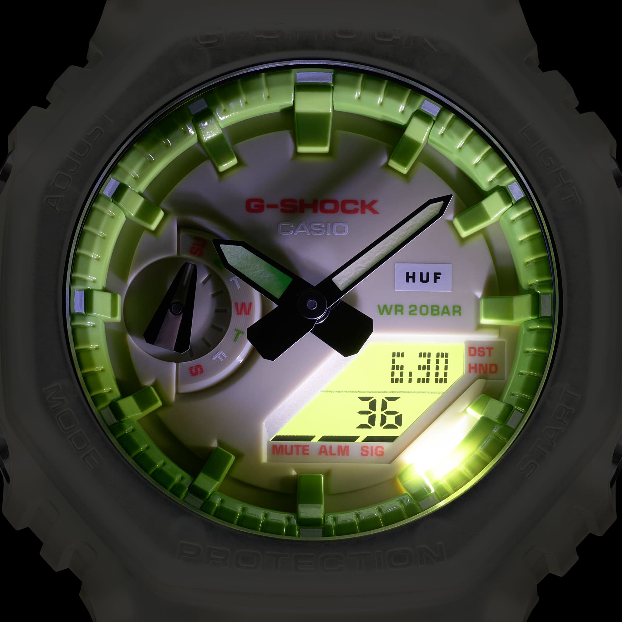 GA-2100HUF Up Close Of Watch Face In The Dark