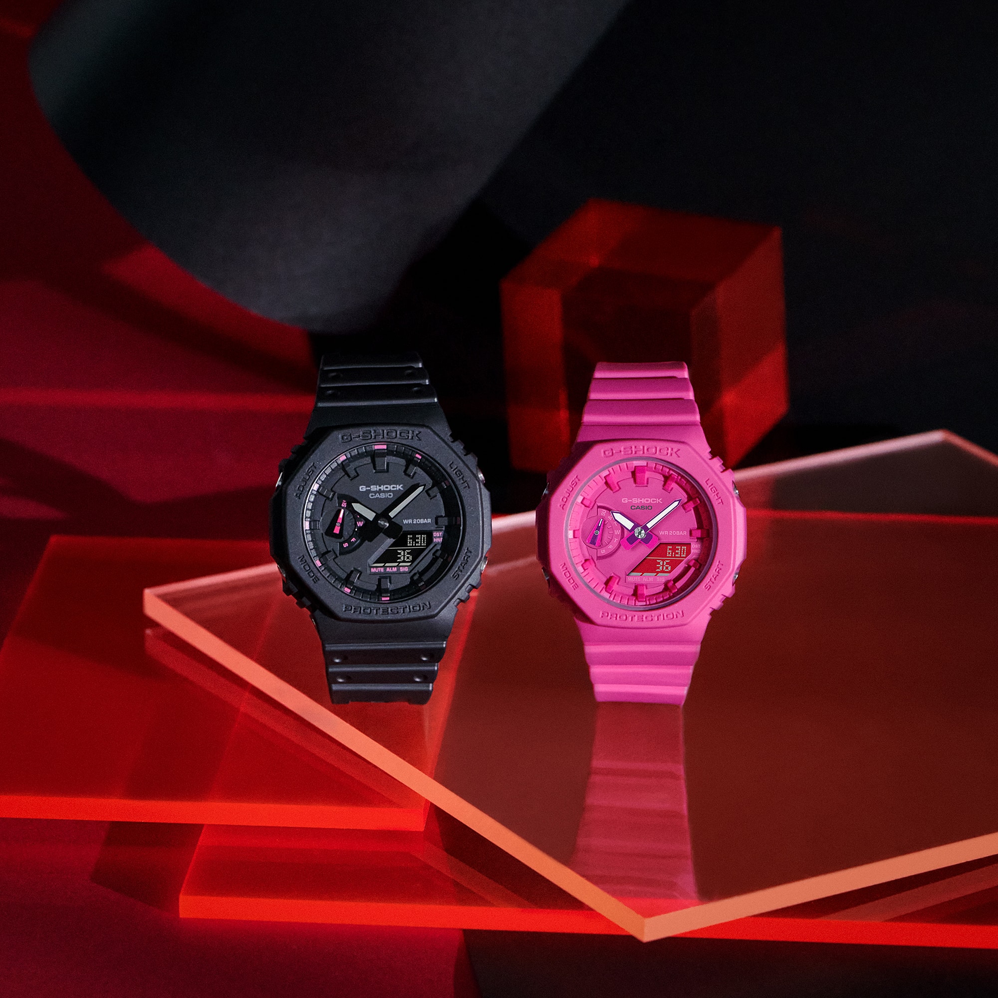 GA2100P-1A Black with Pink accent and GMAS2100P-4A Pink Analog Digital Watches