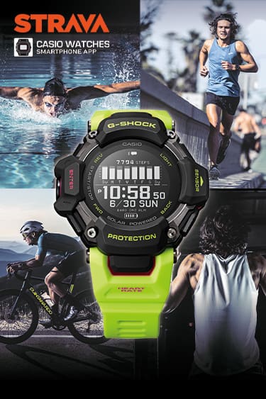 GBDH2000 MOVE STRAVA watch with background of athletes in action