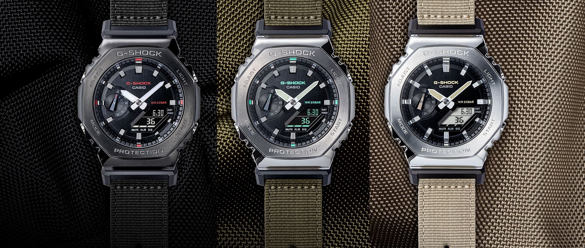 G-SHOCK GM2100C-5A, GM2100CB-1A, and GM2100CB-3A Metal covered analog digital utility watches with cloth bands