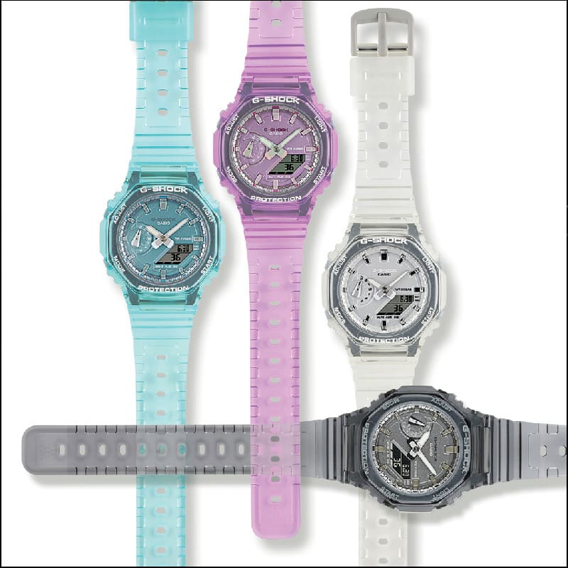 4 models in translucent blue, pink, clear and black GMAS2100SK women's laid out flat