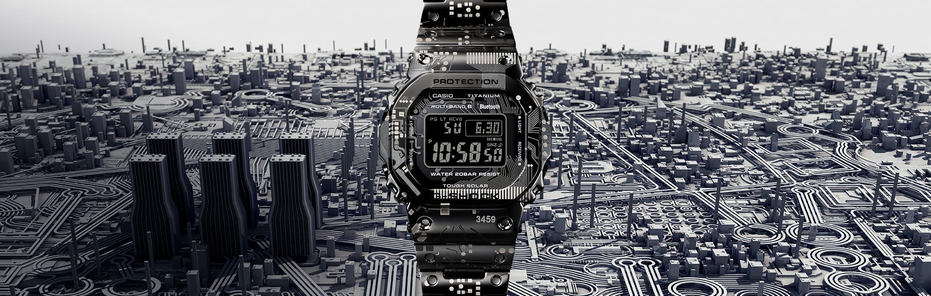 GMWB5000TCC-1 digital watch on a 3d model of a circuit board