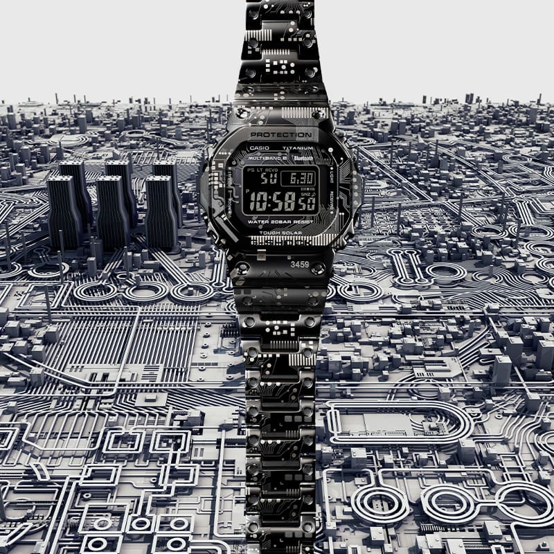 GMWB5000TCC-1 digital watch on a 3d model of a circuit board