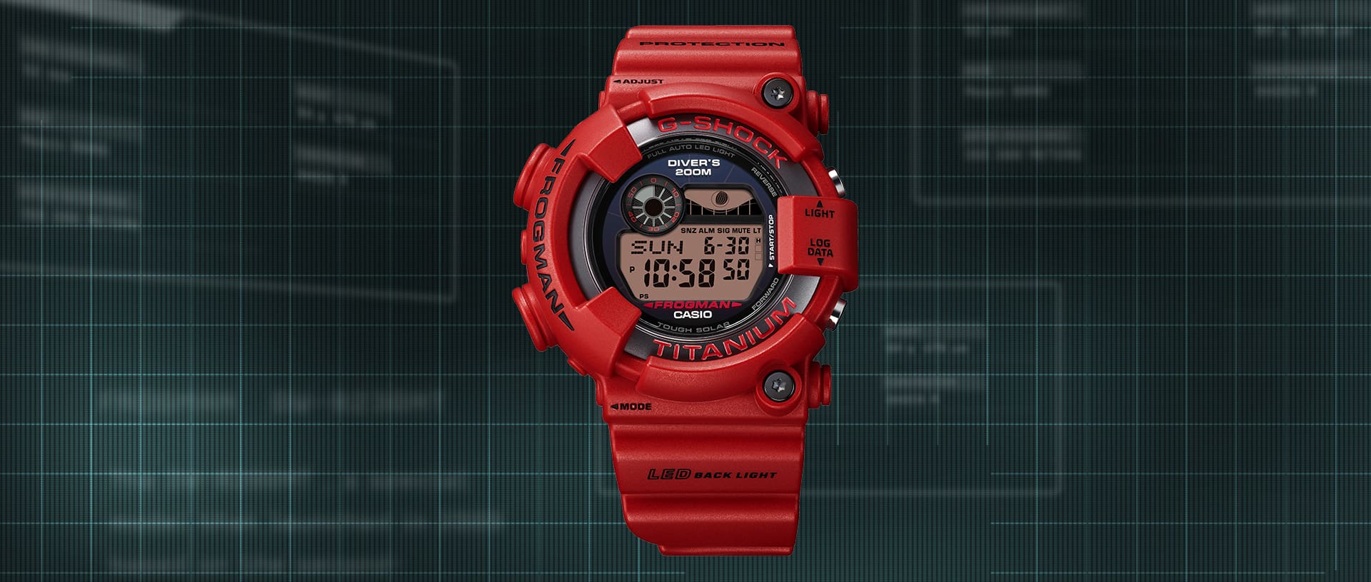 Red 30th Anniversary GW8130NT Frogman displayed on a "blueprint' background