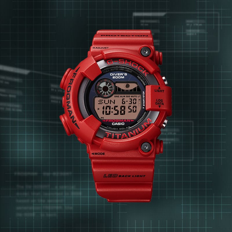 Red 30th Anniversary GW8130NT Frogman displayed on a "blueprint' background