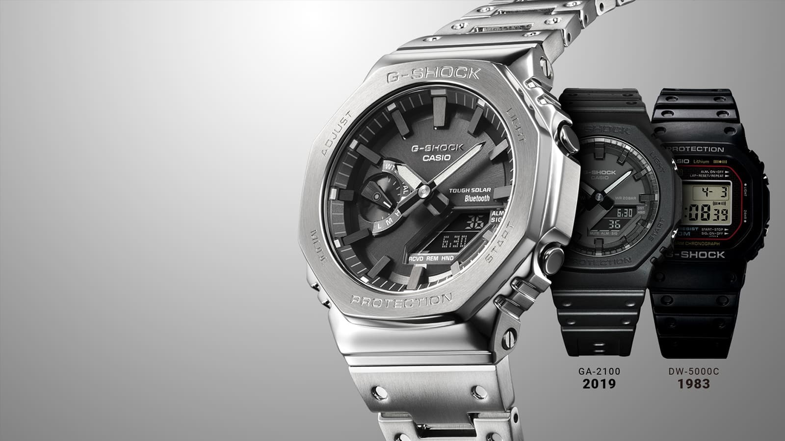 Timeline of older watch models,  1983 DW5000C, 2019 GA-2100, ending with 2022 full metal GM-B2100