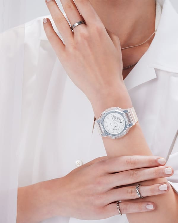 Close up of model's wrist in white clothes posing with transparent GMAS2100SK
