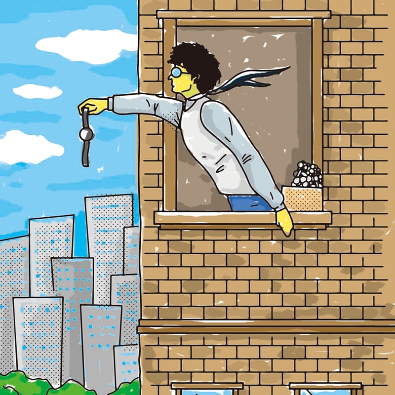 Illustration of man dropping a watch out of a building window