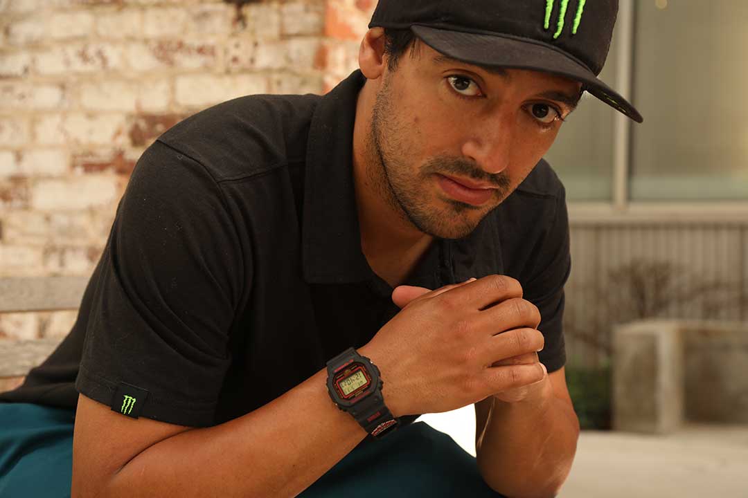 Kelvin Hoefler of Team G-SHOCK Skateboarding wearing his DW5600KH-1 black and red digital watch