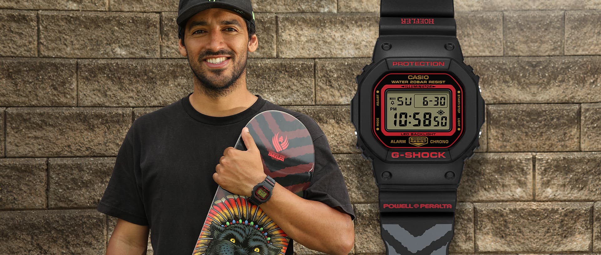 Kelvin Hoefler with the G-SHOCK DW5600KH-1 Digital watch and Powell Peralta Skateboard Deck