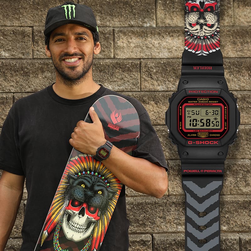 Kelvin Hoefler with the G-SHOCK DW5600KH-1 Digital watch and Powell Peralta Skateboard Deck