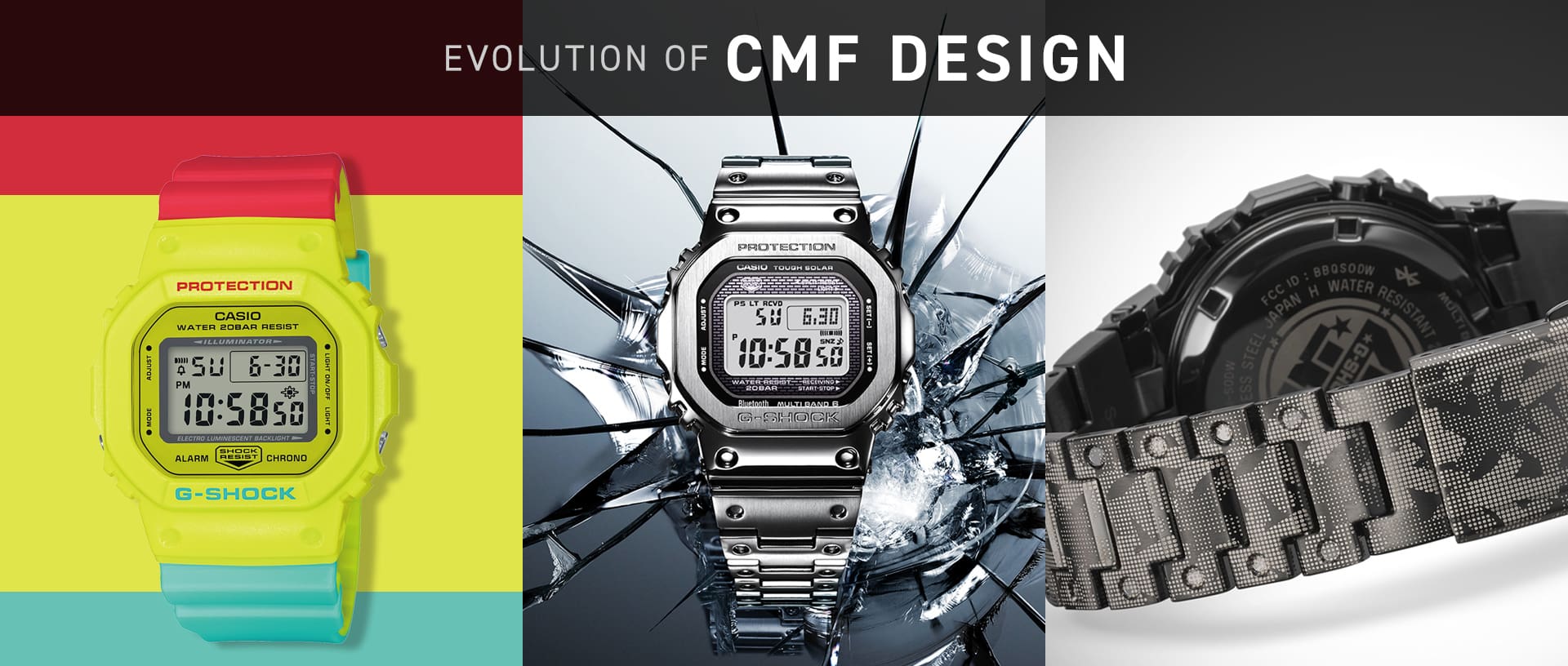 Evolution of the CMF design three G-SHOCK digital watches