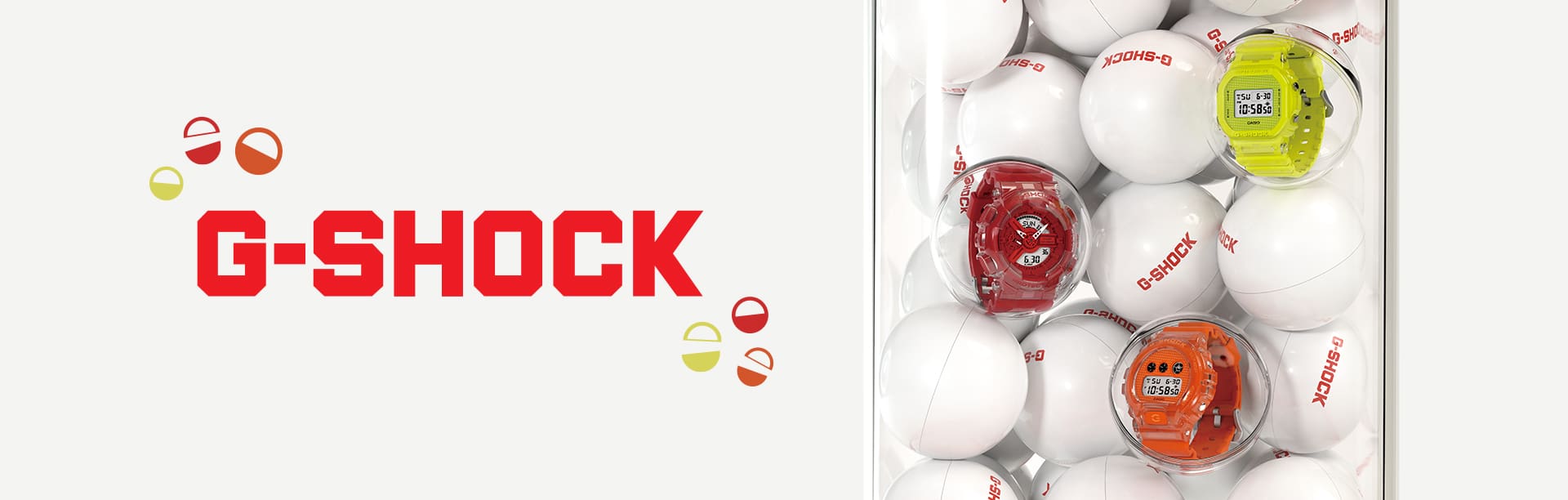 Red G-SHOCK logo and half circle lucky drop shells with watches inside