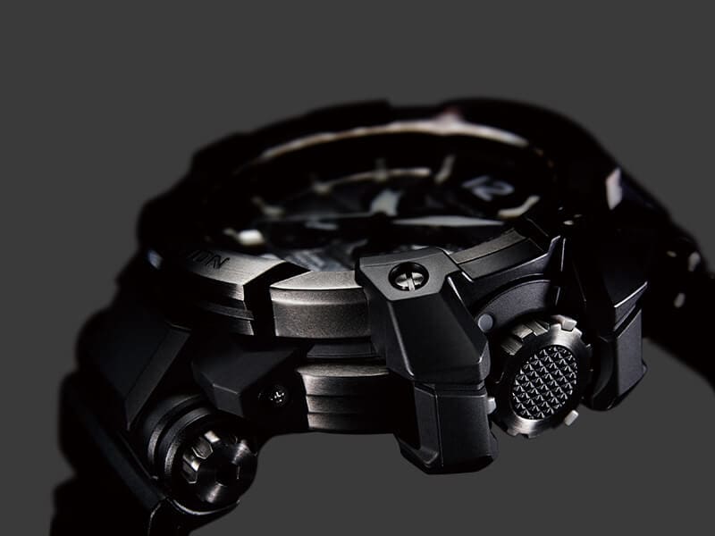 close up of G-SHOCK crown and tough looking bezel