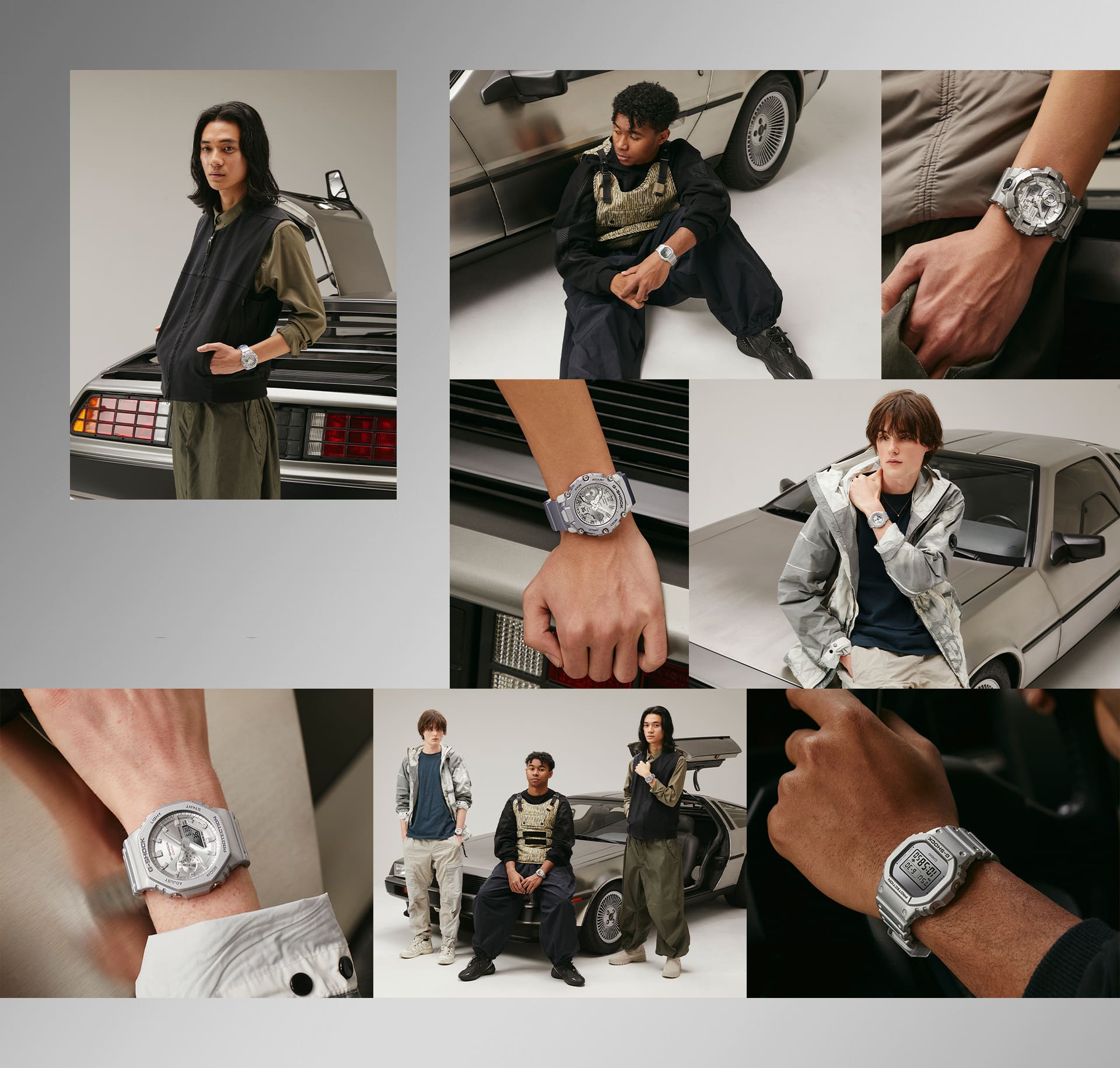Collage of photographs of models wearing G-SHOCK Forgotten Future watches in front of Delorean