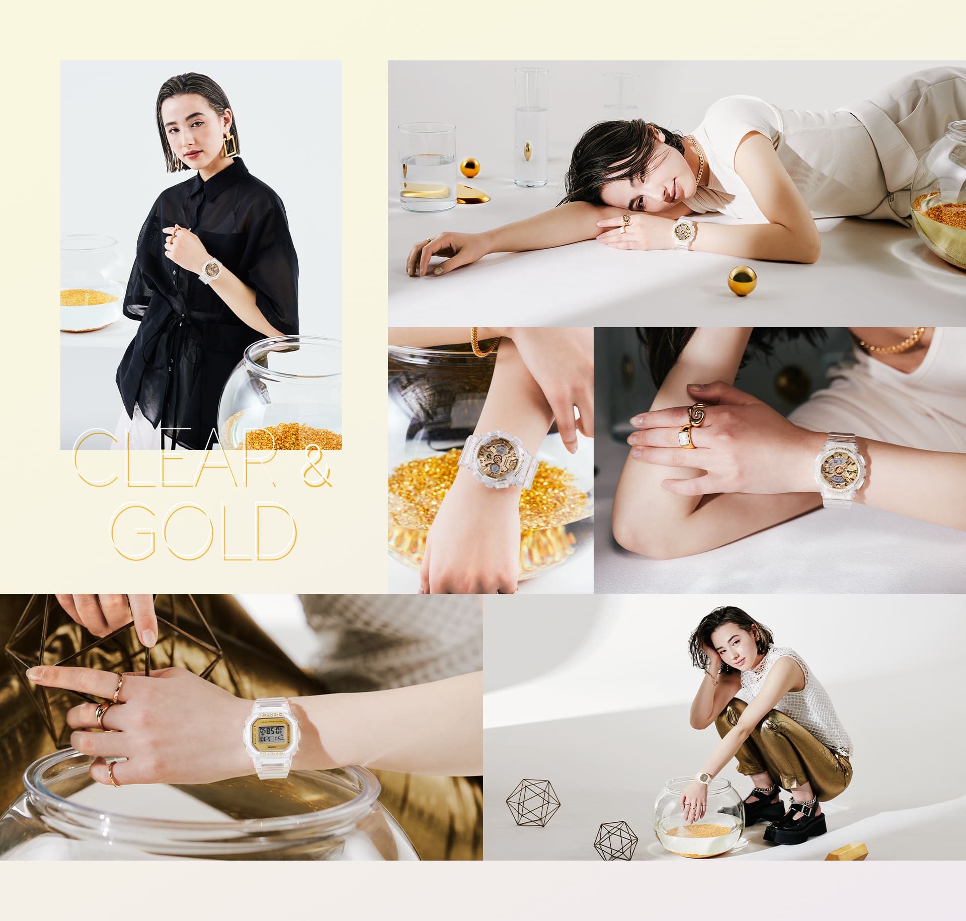 G-SHOCK Transparent Gold Woman collage of watches on a pale yellow background