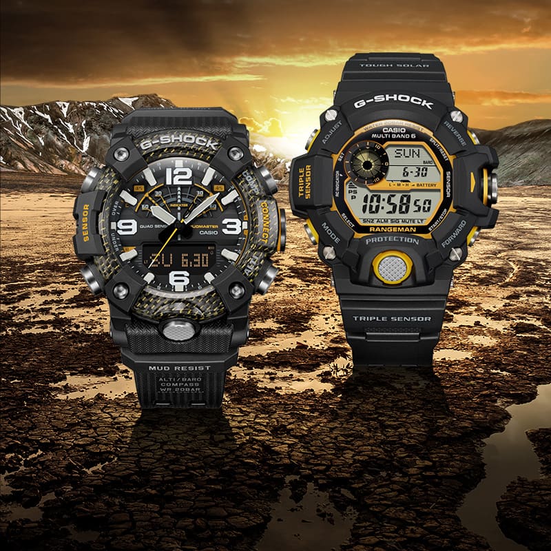 GW9400Y-1 and GGB100Y-1A Analog Digital and Digital watches on a desert background with yellow sky