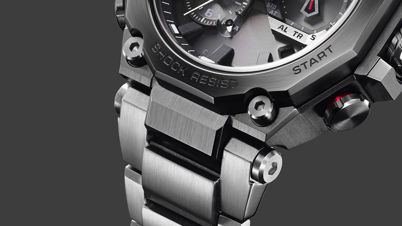 closeup of MTG-B2000 silver watch band
